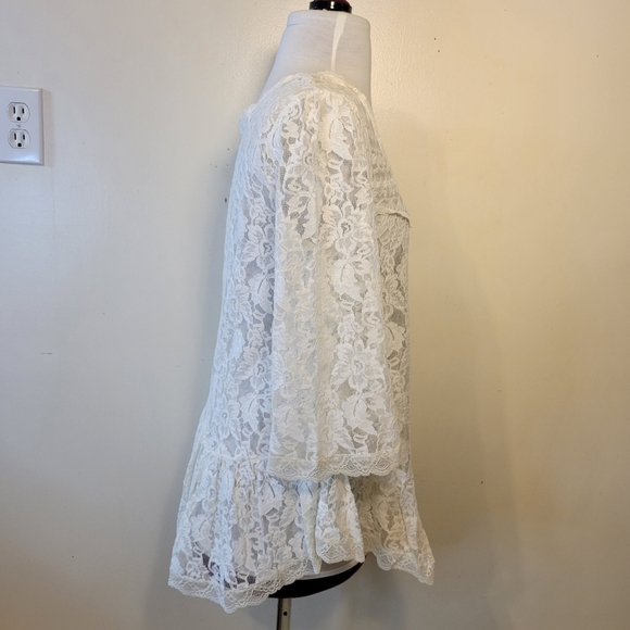 Free People (Women’s Small) Ivory Sheer Lace 3/4 Length Sleeve Baby Doll Blouse - Picture 3 of 8